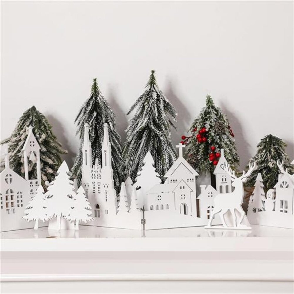 32 Inch Christmas Tabletop Decor Wooden Christmas Themed White Church